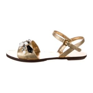 Prada Gold Leather Crystal Embellished Sandals